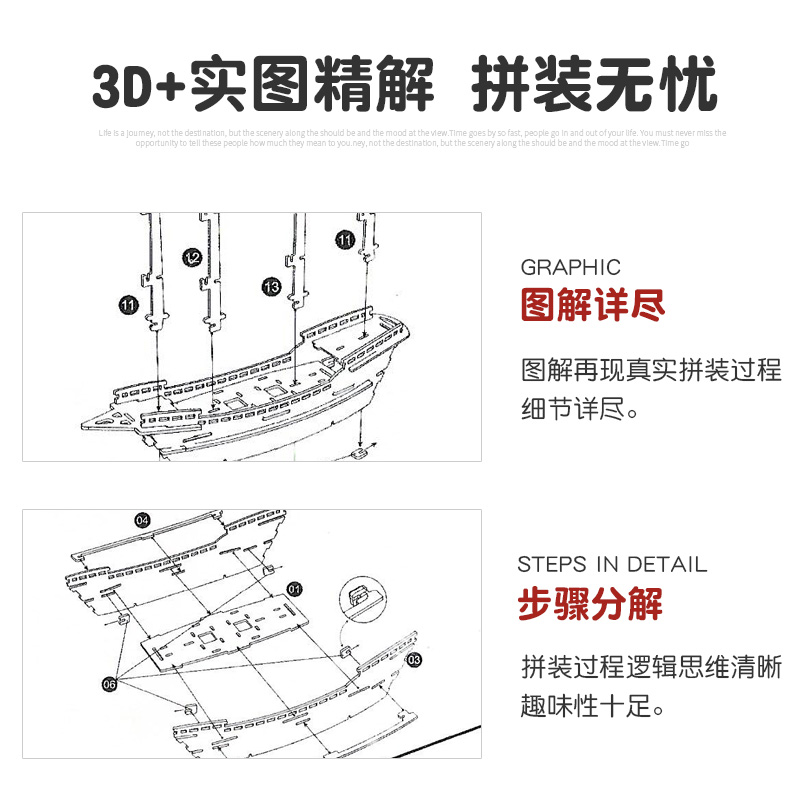 木质拼装中国帆船模型3d立体拼图手工积木儿童益智海盗船玩具礼物-图3