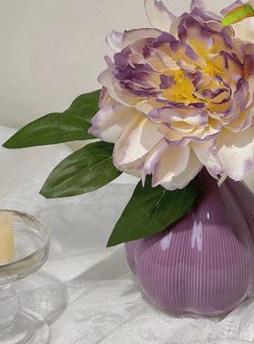 紫色牡丹花仿真花客厅餐桌装饰床头柜高级感陶瓷摆件家居摆件假花