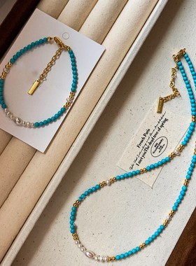 18K真金电镀淡水珍珠绿松石串珠项链新中式锁骨链小众高级感项饰