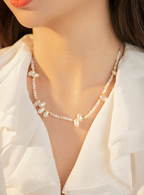 【新款】天然米粒珍珠猫眼石串珠项链锁骨链