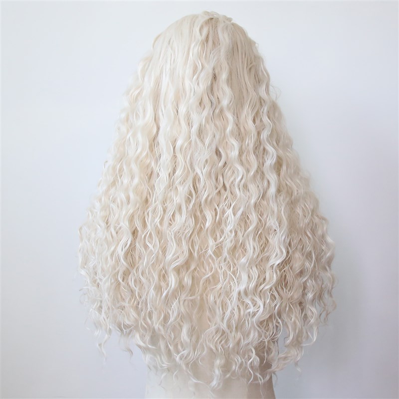 白金色前蕾丝化纤高温丝蕾丝假发奶白铂金色波浪羊毛卷发整顶假发 - 图0