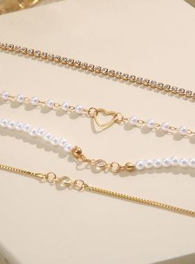 Bracelet set 4 pieces镶嵌水钻镂空桃心手錬珍珠满钻手錬套装4件