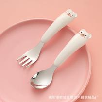 Creative 304 Stainless Steel Spoon Fork Food Grade Silicone Gel Portable Children Cutlery Spoon Fork Cartoon Bear Pattern