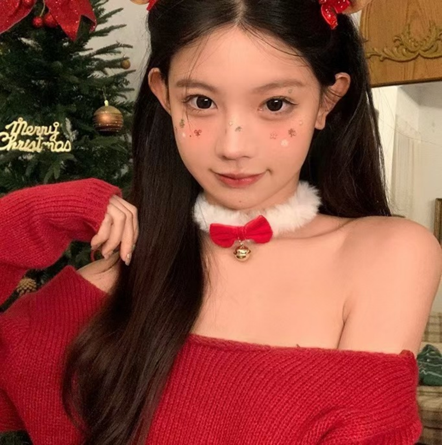 甜欲毛绒项链女铃铛choker项圈圣诞节氛围红色蝴蝶结颈链秋冬配饰 - 图1