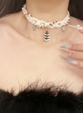 甜美毛绒圣诞树choker流苏项链