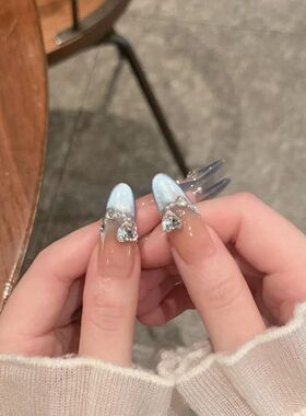 纯手工儿童穿戴甲女童美甲手工美甲穿戴甲水光感法式蓝色猫眼满钻