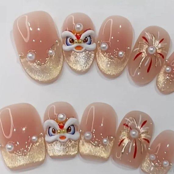 纯手工儿童穿戴甲女童美甲新年烟花醒狮显白年味氛围感ins美甲手,淘宝优惠券,粉丝福利购,淘宝优惠卷