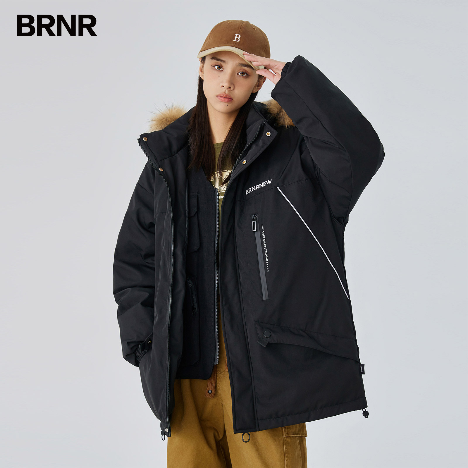 BRNR（服饰）白鸭绒毛领羽绒服男冬季2023新款潮牌连帽冬天外套女