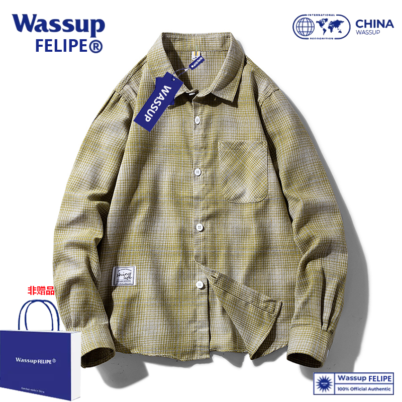 WASSUP FELIPS2023年新款复古格纹男女衬衫重磅水洗休闲外套豆