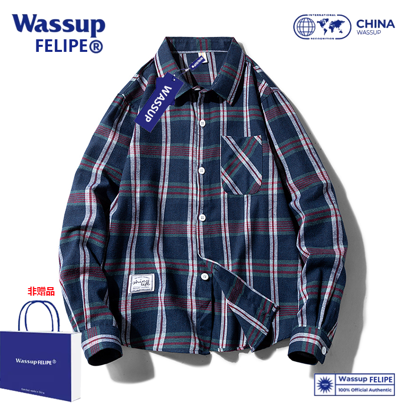 WASSUP FELIPS2023年新款复古格纹男女衬衫重磅水洗休闲外套豆