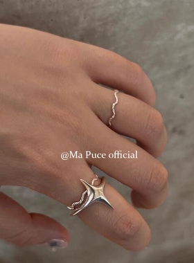 韩国波光粼粼纯银波浪细闪手工捶打纹路简约百搭叠戴可调节戒指