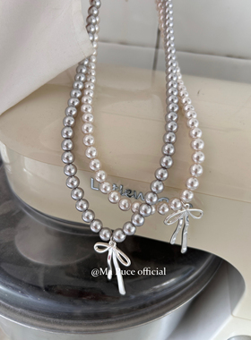 mapuce韩国s925银蝴蝶结灰色珍珠串珠项链小众设计高级锁骨链项链