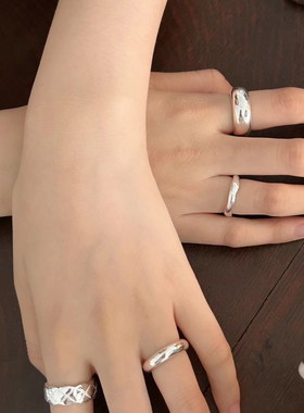 韩版不规则素圈手工质感实心基础可叠戴尾戒情侣戒指s925纯银