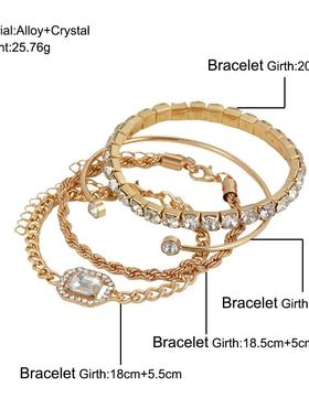 Open bracelets set 4 pieces麻花手链朋克镶钻开口手镯套装4条装