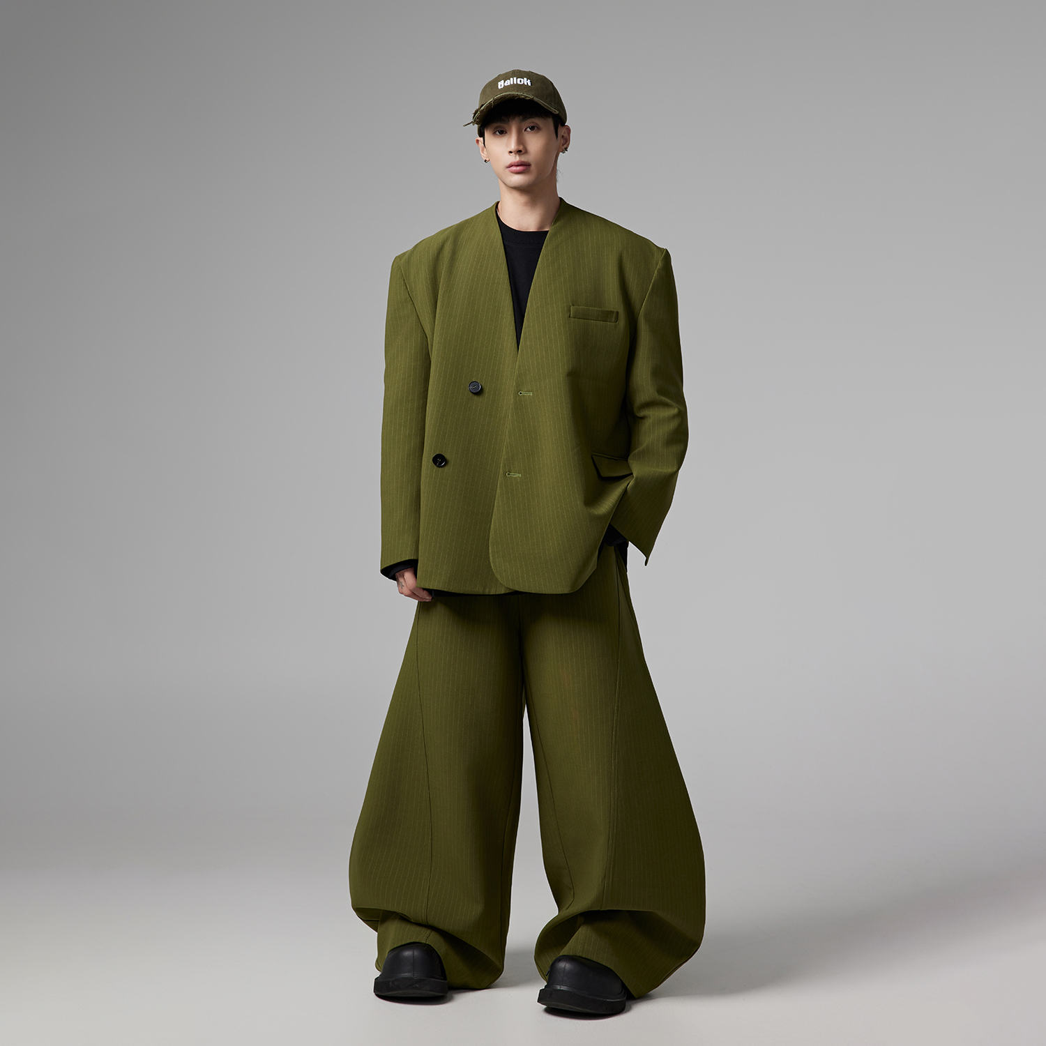 INSOMNIA失眠者秋冬高级小众设计感卸扣无领宽松条纹西装套装男女 - 图2