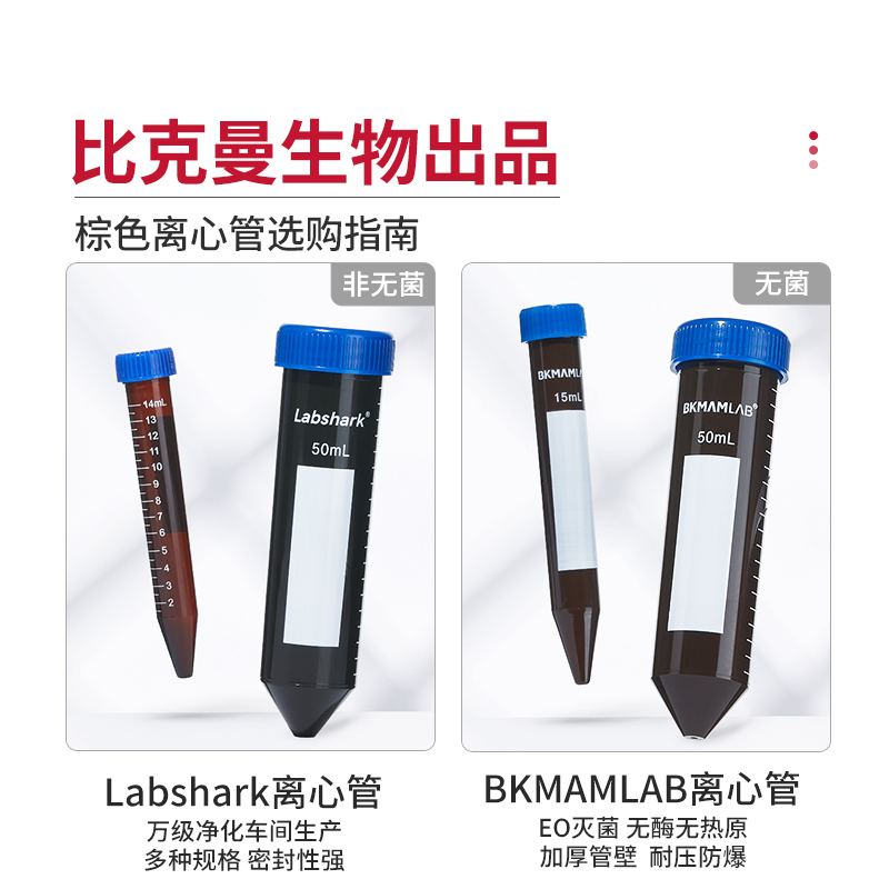 Labshark比克曼生物棕色离心管加厚螺口蓝盖圆底尖底避光塑料离心管防漏带刻度2ml5ml10ml15ml20ml50ml100ml - 图0