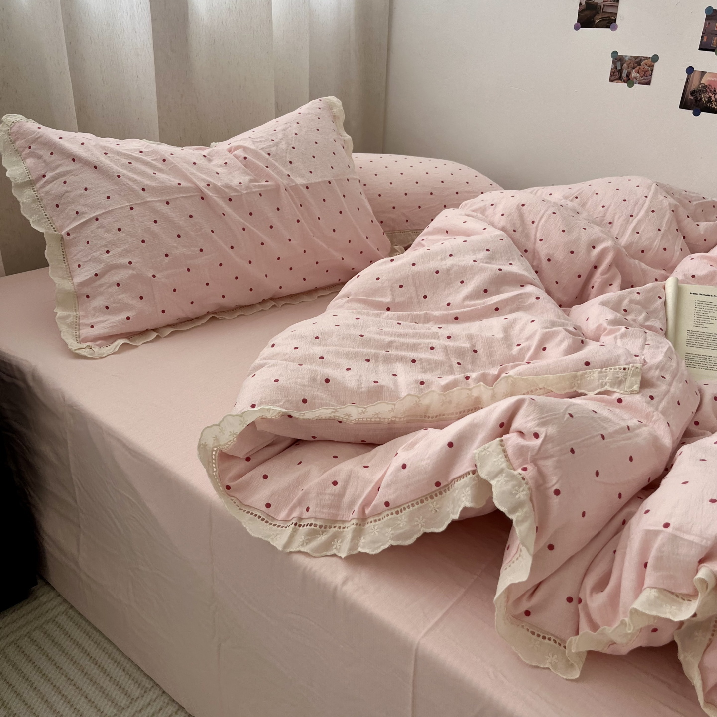 ins少女心粉色波点花边水洗棉床单四件套全棉被套纯棉学生三件套 - 图0