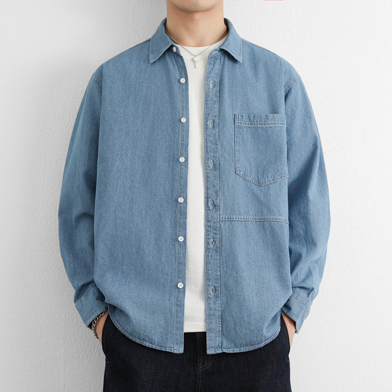 春秋款纯棉牛仔衬衫男长袖宽松翻领休闲衬衣外套潮流深蓝色,淘宝优惠券,粉丝福利购,淘宝优惠卷