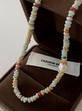 天然寿山石串珠项链珍珠饰品新中式多巴胺古风复古高级感锁骨链女