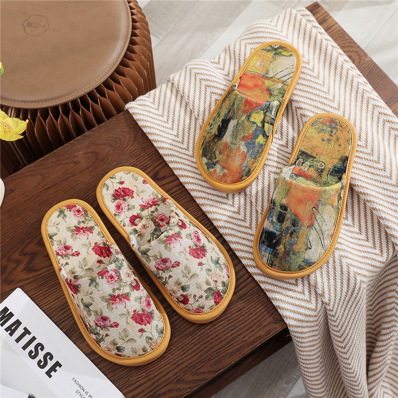 Spring and Autumn courtyard indoor home fabric linen slippers fashionable printed thick-soled rubber outsole wear-resistant anti-slip slippers