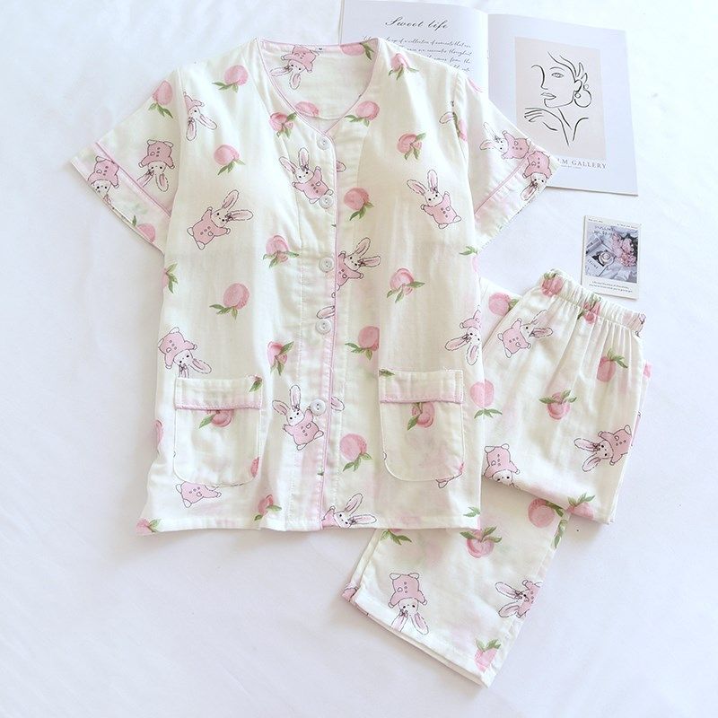 带胸垫短袖长裤夏季薄款纯棉麻睡衣套装女款双层纱布免文胸家居服,淘宝优惠券,粉丝福利购,淘宝优惠卷
