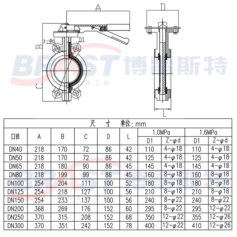 H手柄对夹蝶阀D71X-10/16Q 球墨体 304/QT450板 乙丙阀座