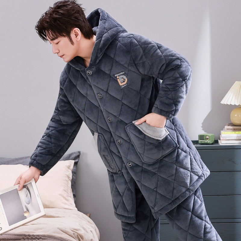 加长款连帽秋冬季男士睡衣珊瑚绒三层夹棉加厚加绒保暖家居服套装,淘宝优惠券,粉丝福利购,淘宝优惠卷