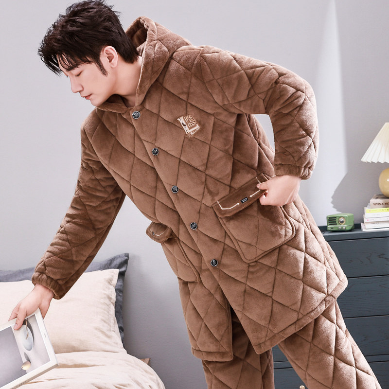 加长款连帽秋冬季男士睡衣珊瑚绒三层夹棉加厚加绒保暖家居服套装,淘宝优惠券,粉丝福利购,淘宝优惠卷