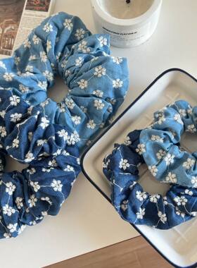 牛仔蓝玫瑰花头绳女新款花朵发圈后脑勺百搭外出大号头花饰品