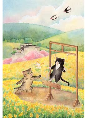网红【底价捡漏】新生代国潮艺术暖家花饰生仁【踏青】色系猫画装