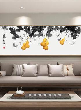 网红客厅沙门发背景装饰画高档大气壁画横板中式餐厅五福临葫芦墙