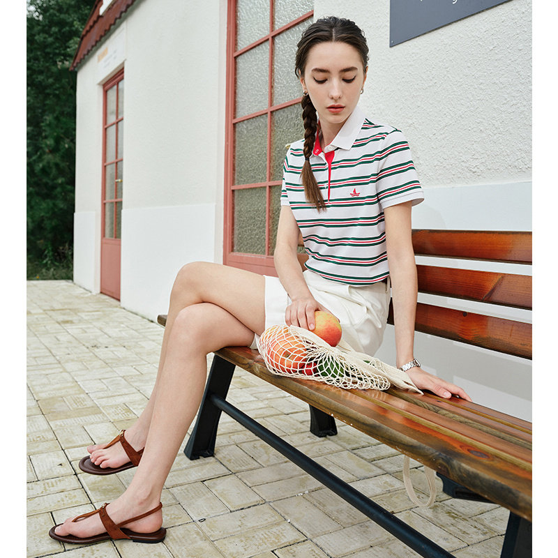 Navigare意大利小帆船夏季条纹短袖polo衫女士设计感翻领T恤,淘宝优惠券,粉丝福利购,淘宝优惠卷