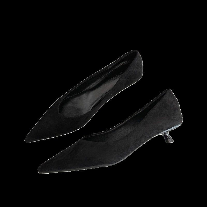 2024年春季新款尖头黑色绒面细跟高跟鞋女猫跟浅口单鞋职业工作鞋,淘宝优惠券,粉丝福利购,淘宝优惠卷