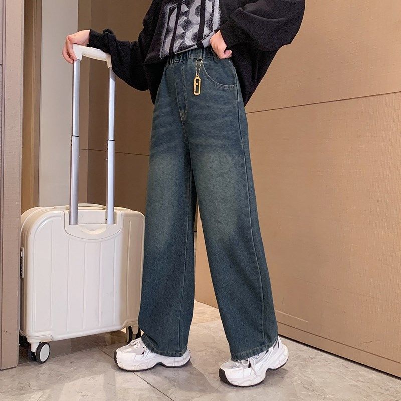 女童牛仔阔腿裤春秋款2023新款直筒休闲裤9秋装8洋气12岁儿童裤子,淘宝优惠券,粉丝福利购,淘宝优惠卷