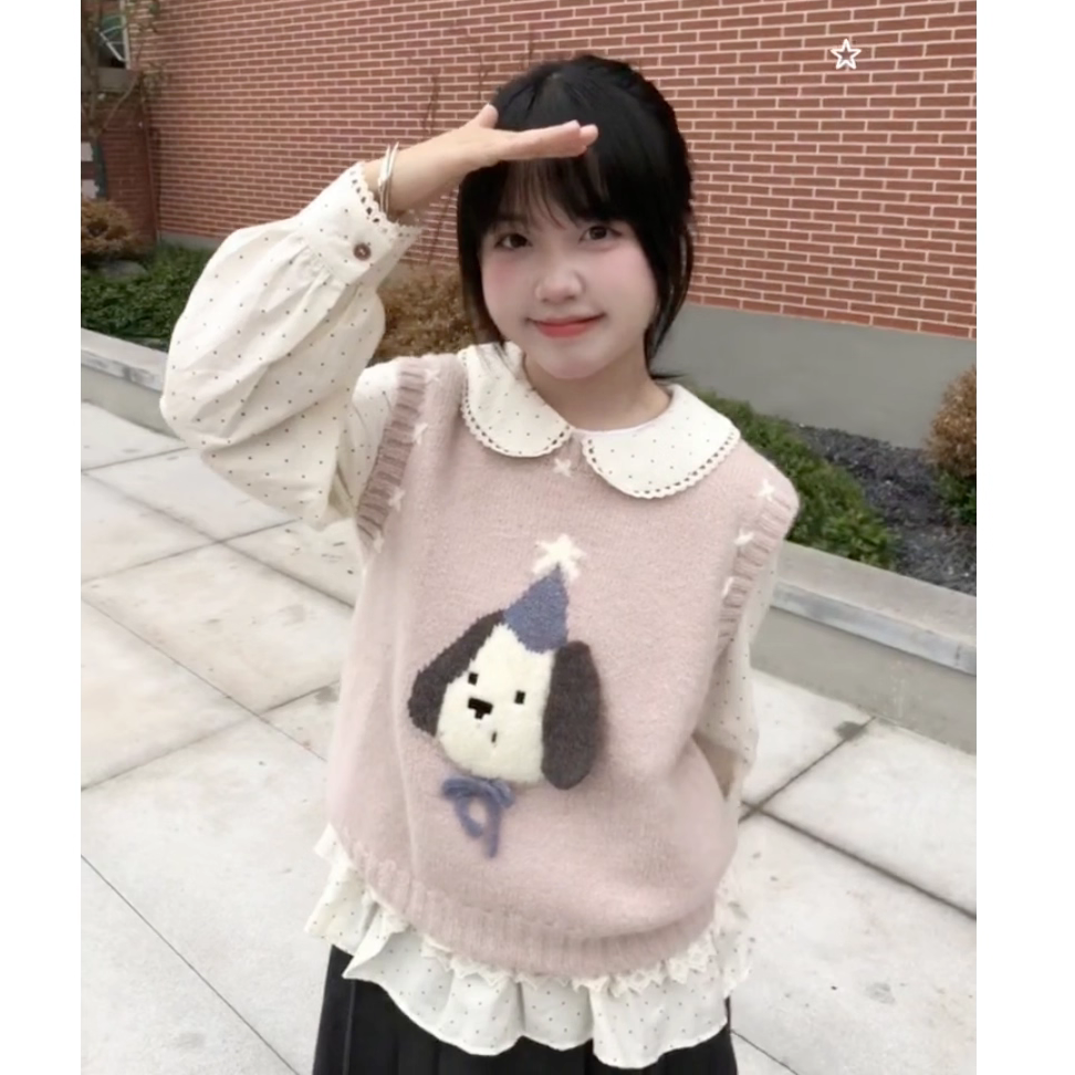 超可爱套装日系小个子小狗提花针织马甲娃娃领波点上衣女学生套装,淘宝优惠券,粉丝福利购,淘宝优惠卷