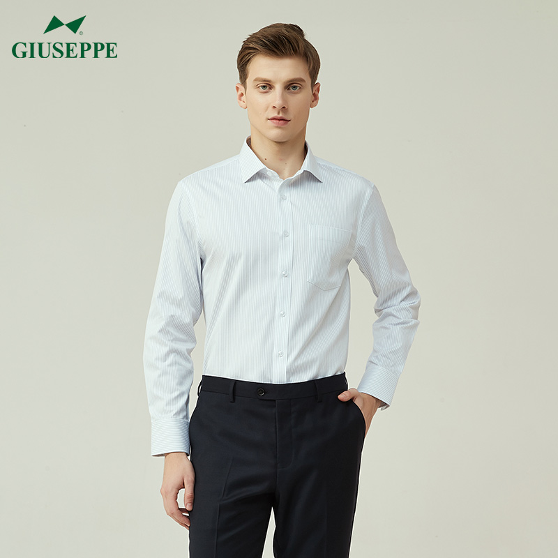 Giuseppe乔治白春秋男长袖衬衫商务绅士扣方领蓝色条纹衬衣口袋 - 图0