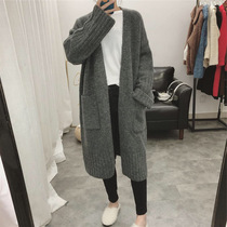 2023 autumn and winter New Lazy Wind Long sweater women coat Korean version loose with outside lap Knitted Cardiovert Jersey Woman Cardiovert