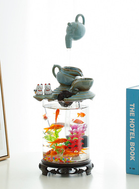 大师艺术高端新中式创意流水圆形鱼缸风水招财开业送礼乔迁摆件