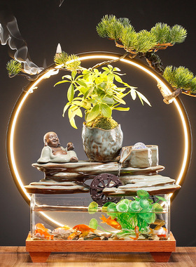 大师艺术高端新中式创意玻璃鱼缸招财流水摆件时来运转玄关办公室