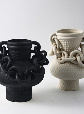 复古怀旧侘寂风新中式创意陶瓷链条花瓶摆件样Q板间酒店果盘装饰