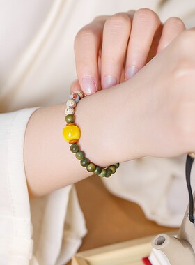 新品绿檀木圆珠寿山石手串男沉香盘玩木质静心佛珠念珠Z盘串文玩