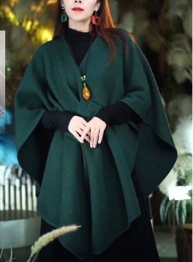 秋冬时尚新款欧美风披肩外搭气质保暖百搭中长款宽松大码斗篷外套