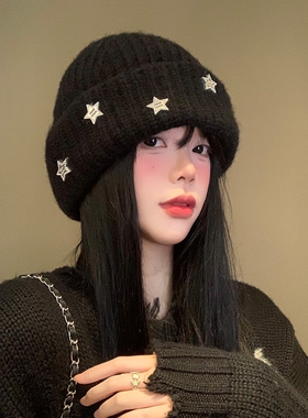 星星黑色针织帽女冬季韩版显脸小包头冷帽加厚保暖大头围毛线帽子