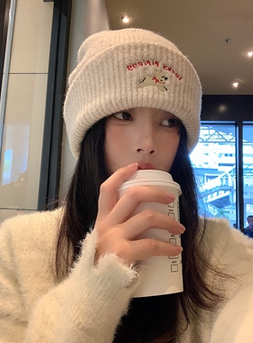 韩系可爱小狗针织毛线帽女加厚保暖秋冬新款显脸小包头帽冷帽冬季