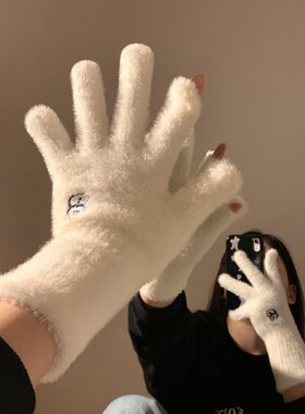 可爱圣诞雪人露指触屏毛绒针织五指手套女冬季保暖加厚绒防寒骑行