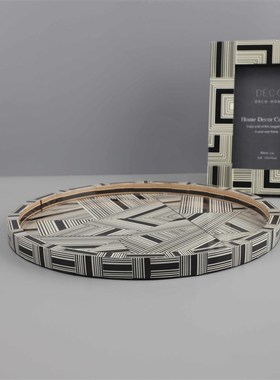 北欧轻奢黑白条纹收纳托盘摆件玄关卧H室客厅电视柜样板房家居饰