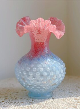 中古芬顿花边粉蓝色渐变洒金手工琉璃花瓶水养插R花器家居软装摆