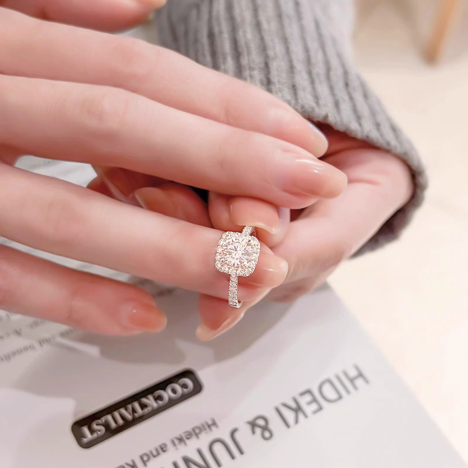 IGI Henan cultivated diamond Pt950 platinum diamond ring square package group diamond micro-set 1 carat engagement ring for girlfriend