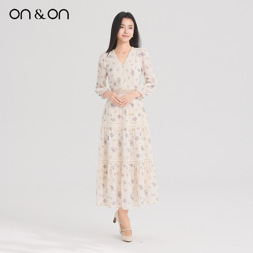 ON＆ON/安乃安2026春季新款韩系V领碎花优雅繁花意趣风连衣裙女 - 图0