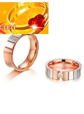 极速/不锈钢夹镶k单颗锆石情侣戒指钢间玫瑰金情侣对戒ring